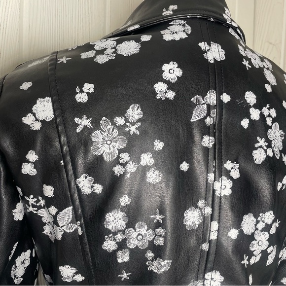 Michael Michael Kors Moto Jacket M Black White Flowers Floral Faux Leather - Picture 7 of 10
